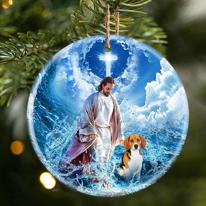 Beagle And God Walking On The Ocean Wave Porcelain/Ceramic Ornament