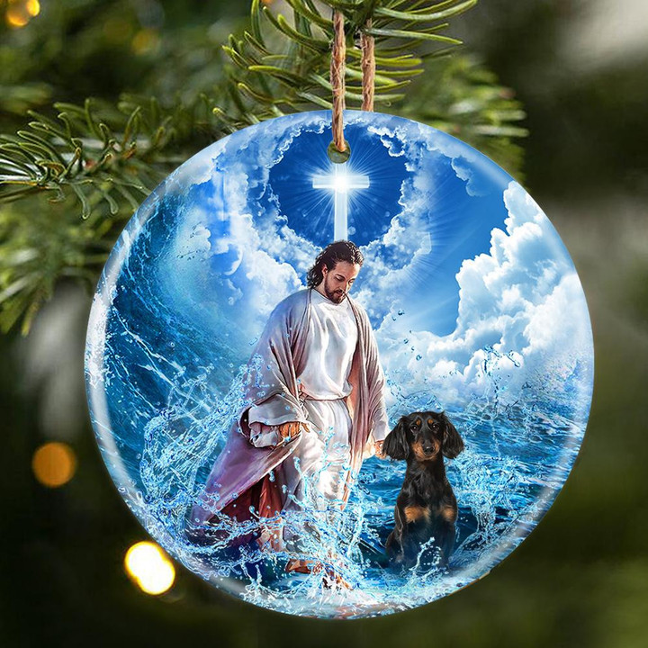 Dachshund And God Walking On The Ocean Wave Porcelain/Ceramic Ornament