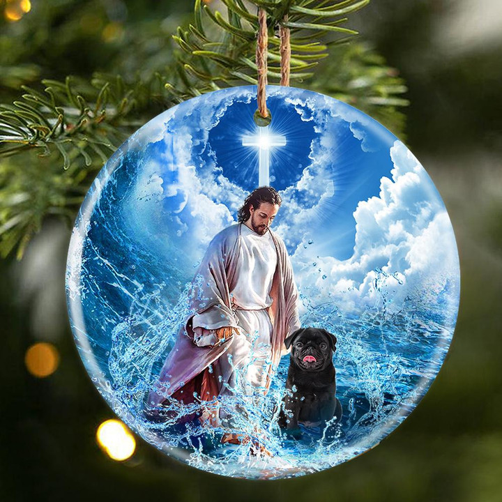 Black Pug And God Walking On The Ocean Wave Porcelain/Ceramic Ornament
