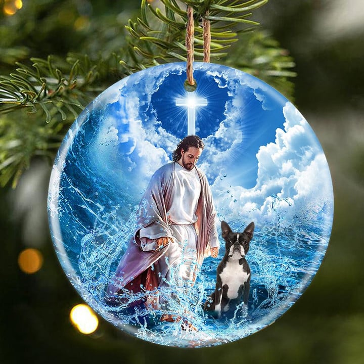 Boston Terrier And God Walking On The Ocean Wave Porcelain/Ceramic Ornament
