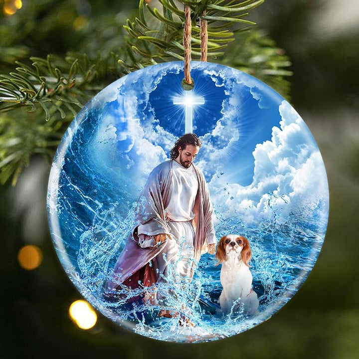 Cavalier King Charles Spaniel And God Walking On The Ocean Wave Porcelain/Ceramic Ornament