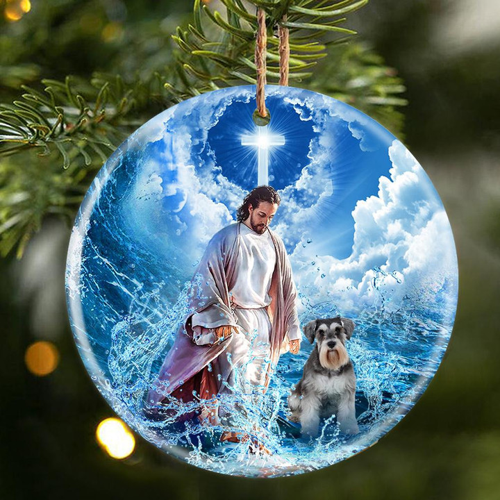 Schnauzer And God Walking On The Ocean Wave Porcelain/Ceramic Ornament