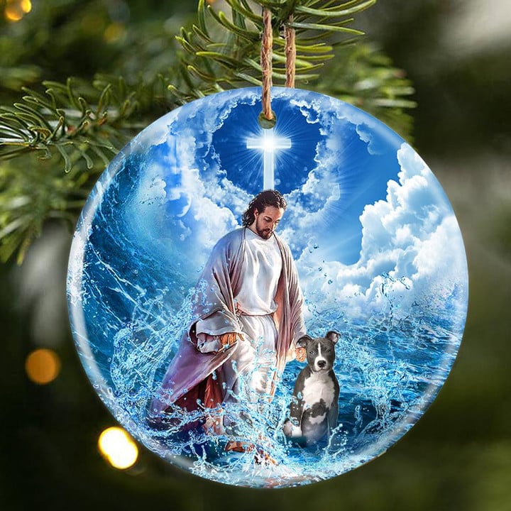 Pitbull And God Walking On The Ocean Wave Porcelain/Ceramic Ornament