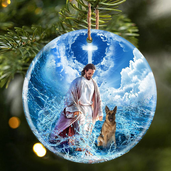 German Shepherd And God Walking On The Ocean Wave Porcelain/Ceramic Ornament