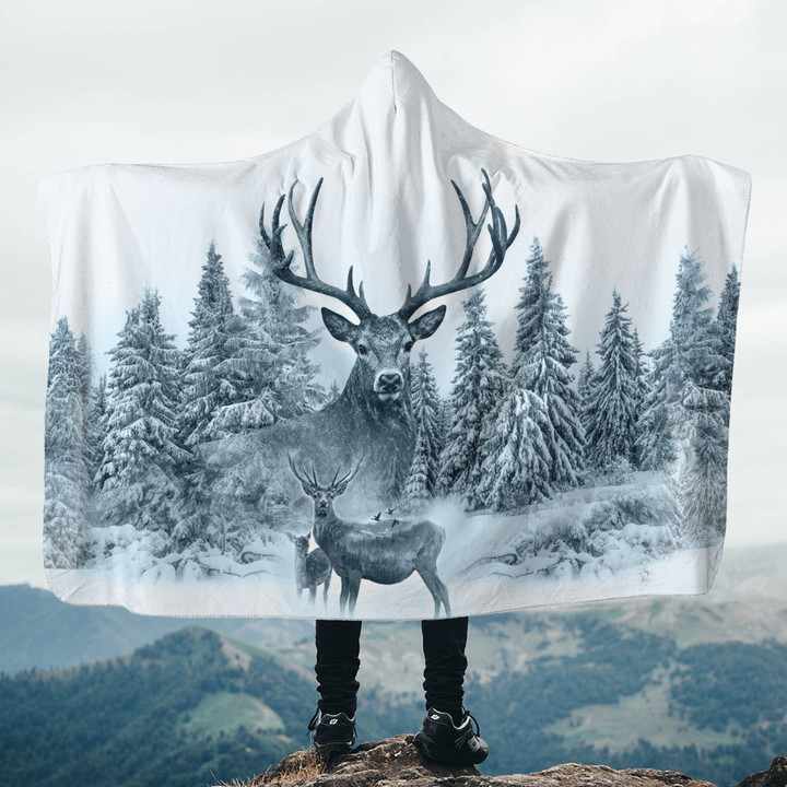 White Deer Hunting Hooded Blanket