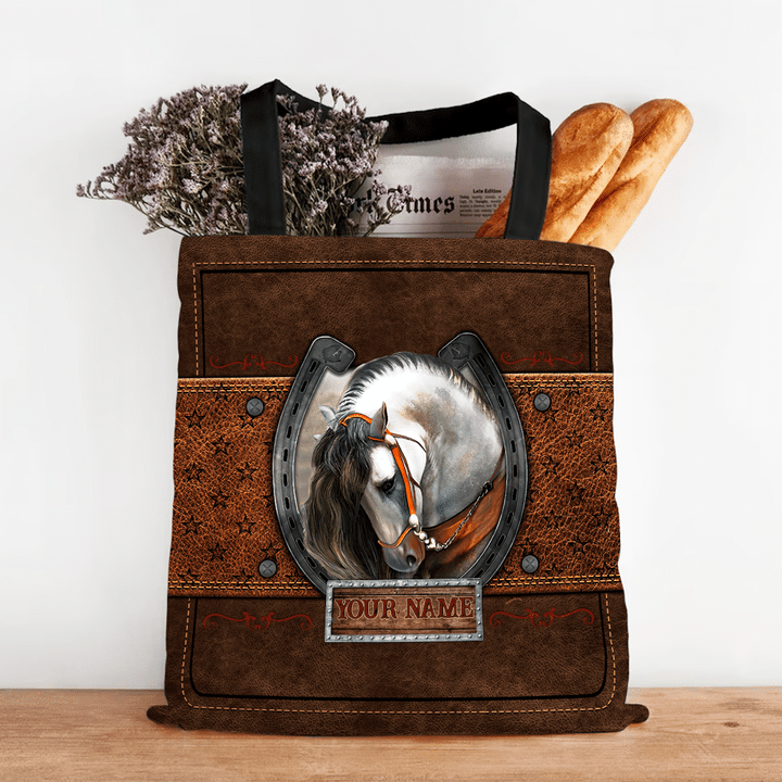 Customized Name Horse Leather Printed Canvas Tote Bag NH