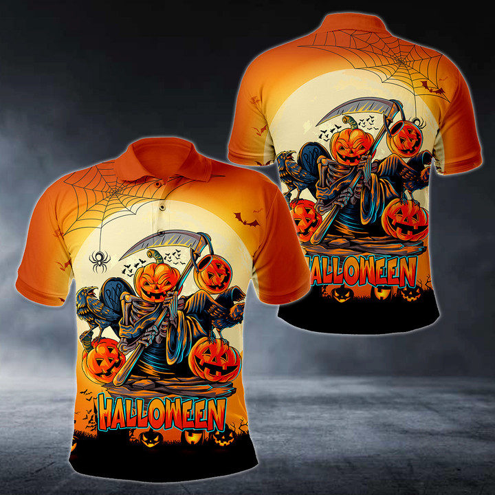 AIO Pride Angel Of Death Halloween Pumpkin Head With Crow Polo Shirt