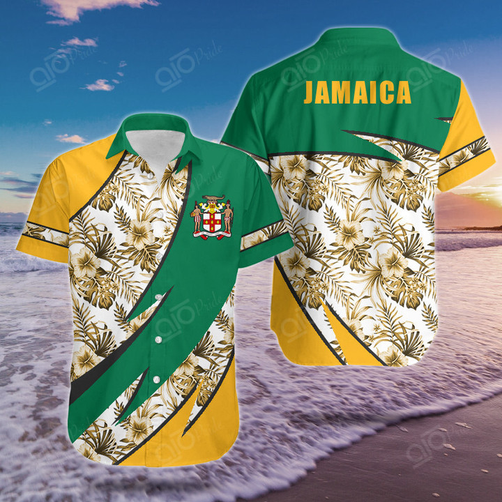 AIO Pride Jamaica Groly Coat Of Arms Hibiscus Pattern Hawaiian Shirt