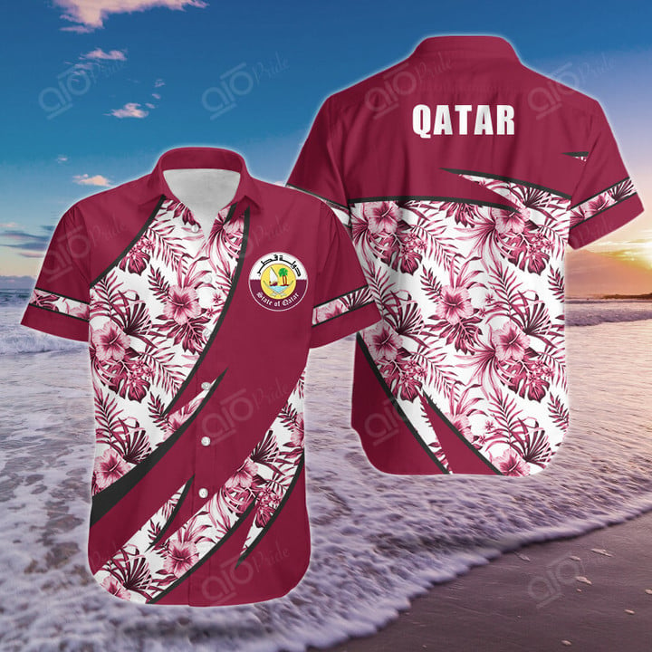 AIO Pride Qatar Groly Coat Of Arms Hibiscus Pattern Hawaiian Shirt