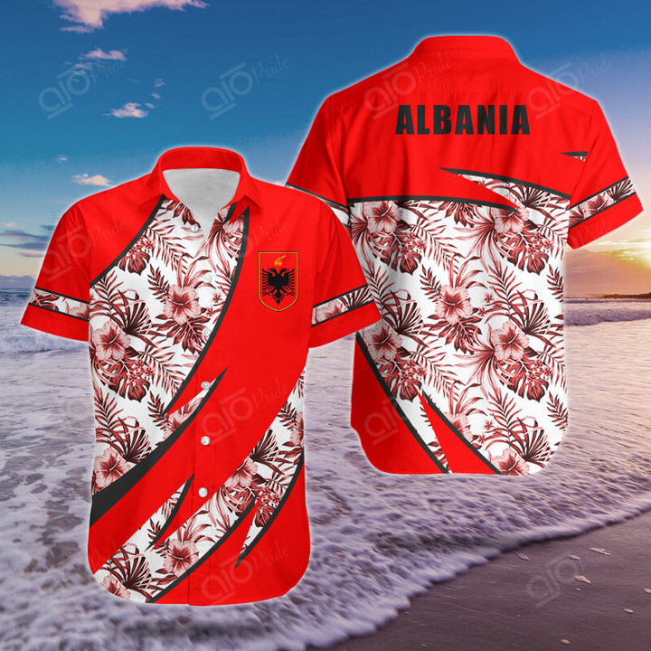 AIO Pride Albania Groly Coat Of Arms Hibiscus Pattern Hawaiian Shirt