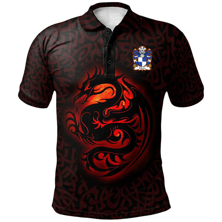 AIO Pride Moore Lords Of Crick Monmouthshire Welsh Family Crest Polo Shirt - Fury Celtic Dragon With Knot