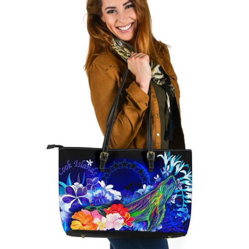 AIO Pride Cook Islands Leather Tote Bag - Humpback Whale with Tropical Flowers (Blue)
