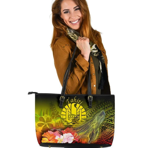 AIO Pride Tahiti Leather Tote Bag - Humpback Whale with Tropical Flowers (Yellow)