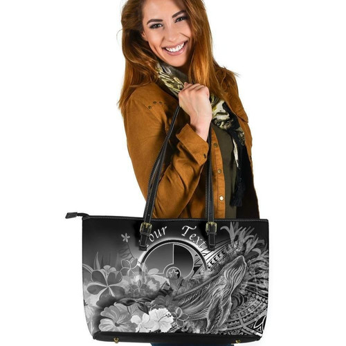 AIO Pride Custom Text Yap Leather Tote Bag - Humpback Whale with Tropical Flowers (White)