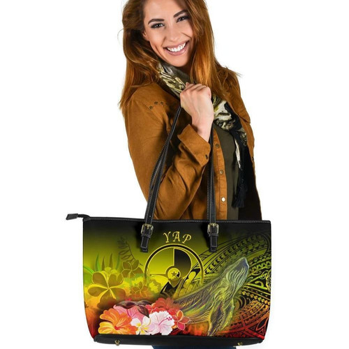 AIO Pride Yap Leather Tote Bag - Humpback Whale with Tropical Flowers (Yellow)
