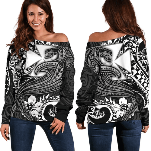 AIO Pride Wallis And Futuna Women's Off Shoulder Sweatshirt - White Shark Polynesian Tattoo