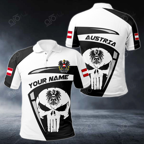 AIO Pride Custom Name Austria Coat Of Arms White Skull Polo Shirt