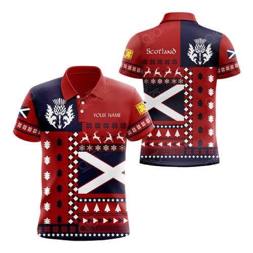 AIO Pride Custom Name Scotland Christmas Thistle Flag Polo Shirt
