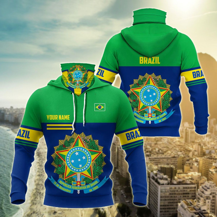 AIO Pride - Customize Brazil Coat Of Arms Style Unisex Adult Neck Gaiter Hoodie