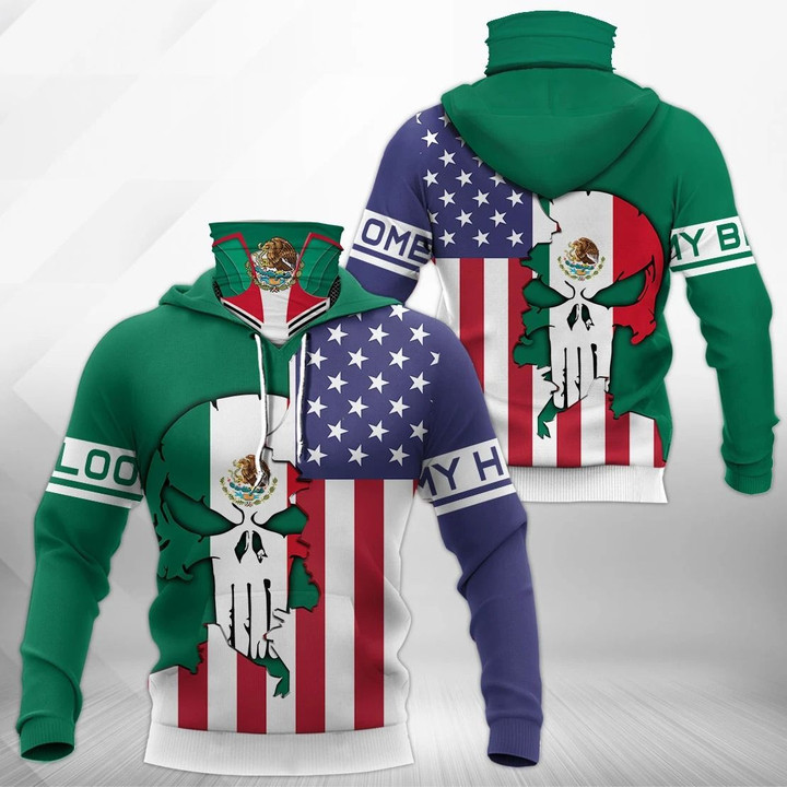 AIO Pride - America My Home - Mexico My Blood Skull Mix Unisex Adult Neck Gaiter Hoodie