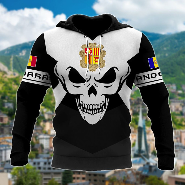 AIO Pride - Andorra Coat Of Arms Skull - Black And White Unisex Adult Hoodies