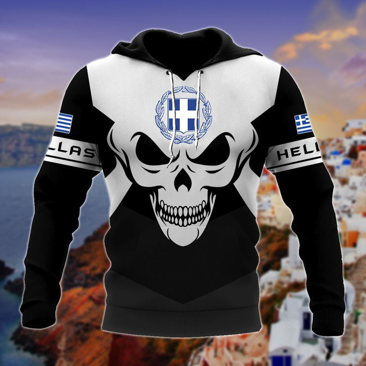 AIO Pride - Greece Coat Of Arms Skull - Black And White Unisex Adult Hoodies