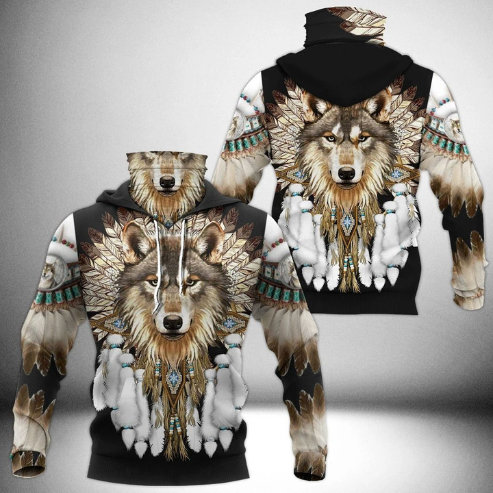 AIO Pride - Native American Wolf Style Unisex Adult Neck Gaiter Hoodie
