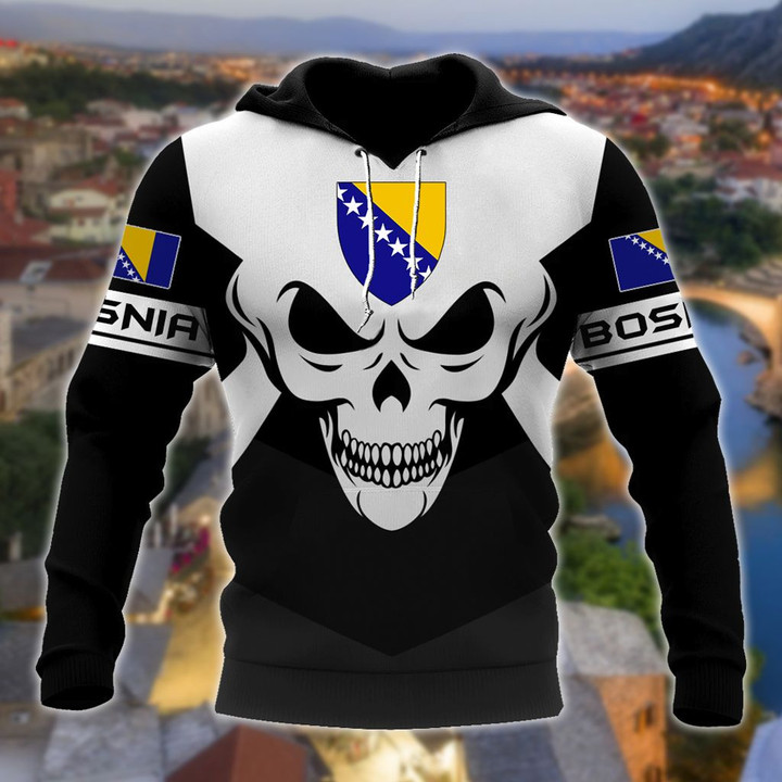AIO Pride - Bosnia Coat Of Arms Skull - Black And White Unisex Adult Hoodies