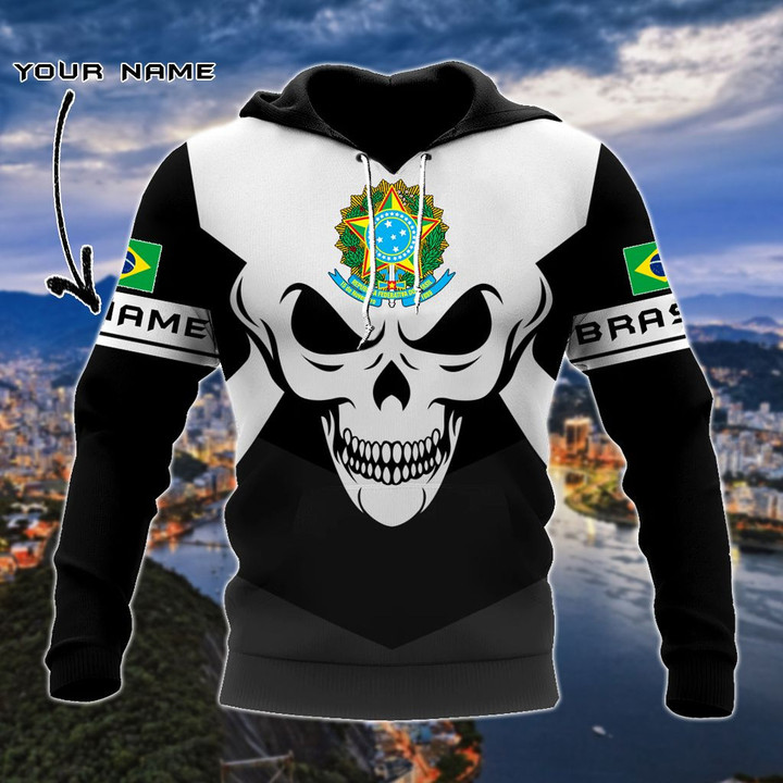 AIO Pride - Customize Brasil Coat Of Arms Skull - Black And White Unisex Adult Hoodies