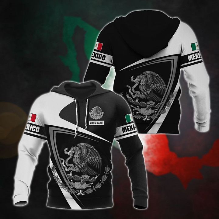 AIO Pride - Custom Name Mexico Coat Of Arms Black And White Unisex Adult Hoodies