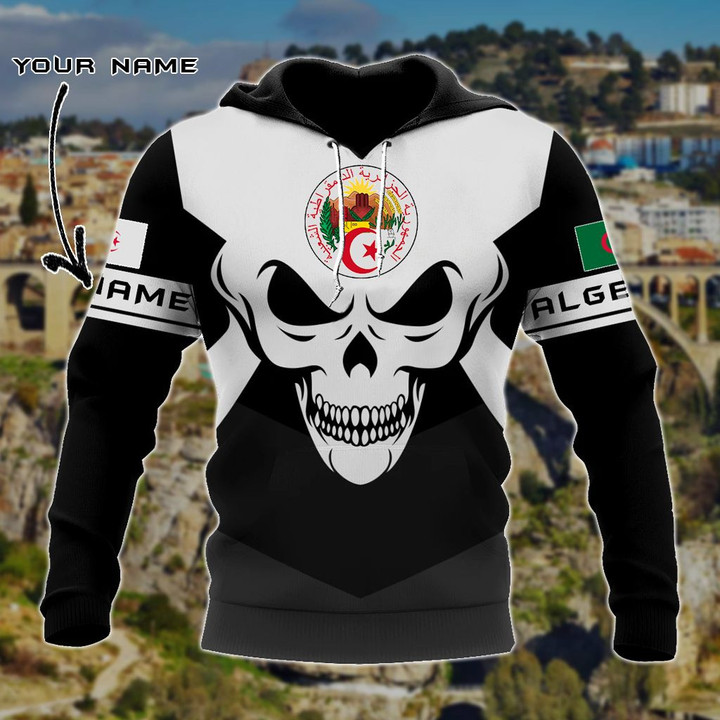 AIO Pride - Customize Algeria Coat Of Arms Skull - Black And White Unisex Adult Hoodies