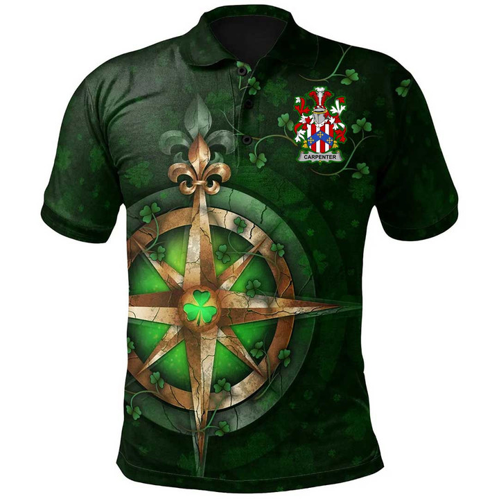 AIO Pride Ireland Clothing - Carpenter Irish Family Crest Polo Shirt - Celtic Irish Compass & Shamrock
