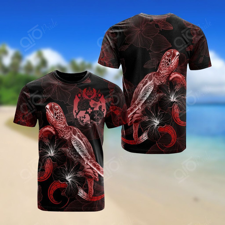 AIO Pride - Tonga Polynesian Turtle Blooming Hibiscus Red Unisex Adult T-shirt