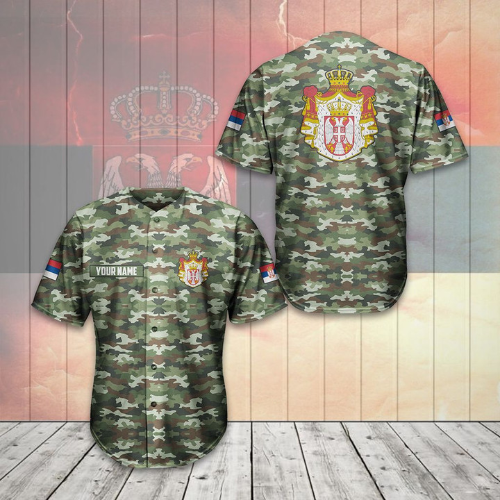 AIO Pride - Custom Name Serbia Coat Of Arms Camo Flag Unisex Adult Baseball Jersey Shirt