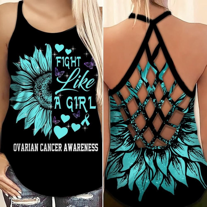 AIO Pride - Ovarian Cancer Awareness Fight Like A Girl Criss-Cross Back Tank Top