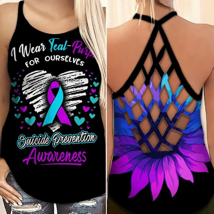 AIO Pride - Suicide Awareness I Wear Teal Purple For Ourselves Criss-Cross Back Tank Top