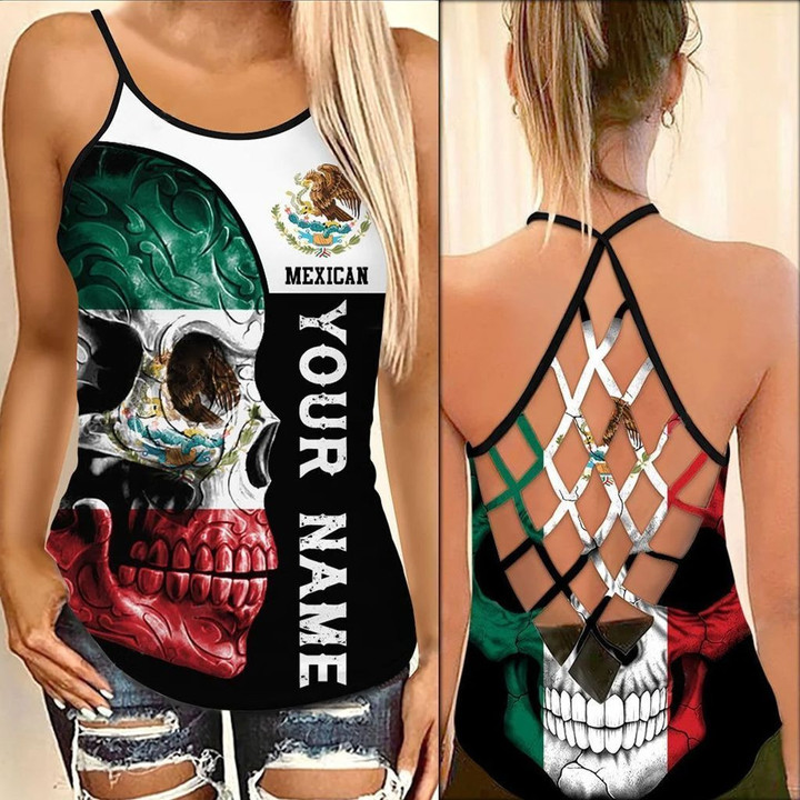 AIO Pride - Custom Name Mexico Flag Skull Criss-Cross Back Tank Top