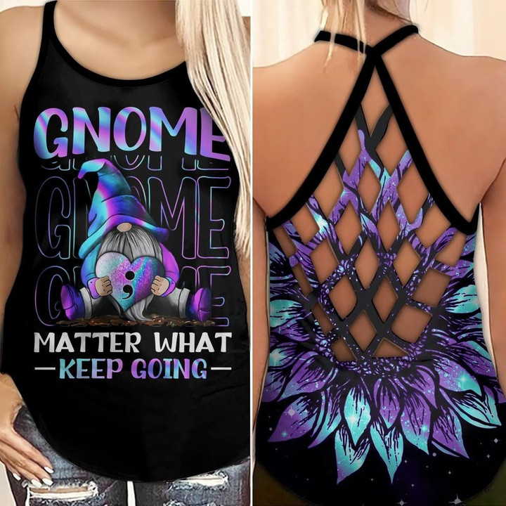 AIO Pride - Suicide Awareness Gnome Matter What Criss-Cross Back Tank Top