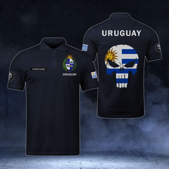AIO Pride - Customize Uruguay Coat Of Arms - Flag Skull Polo Shirt
