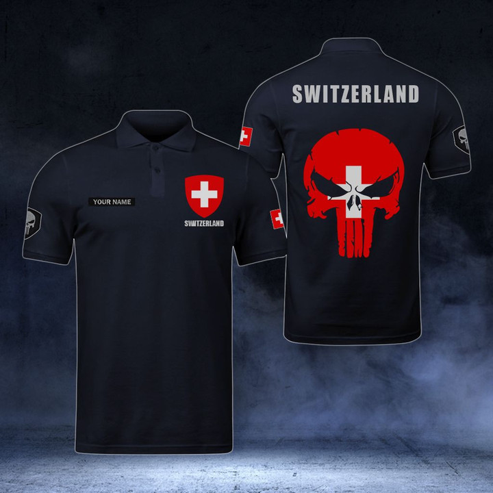 AIO Pride - Customize Switzerland Coat Of Arms - Flag Skull Polo Shirt