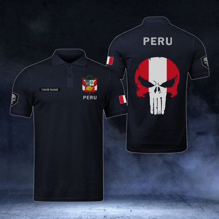 AIO Pride - Customize Peru Coat Of Arms - Flag Skull Polo Shirt