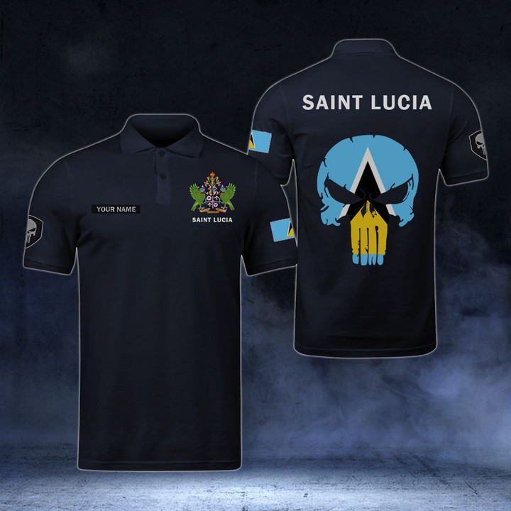 AIO Pride - Customize Saint Lucia Coat Of Arms - Flag Skull Polo Shirt