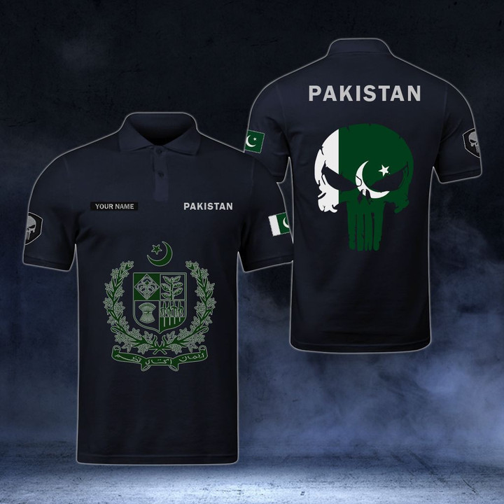 AIO Pride - Customize Pakistan Coat Of Arms - Flag Skull Polo Shirt