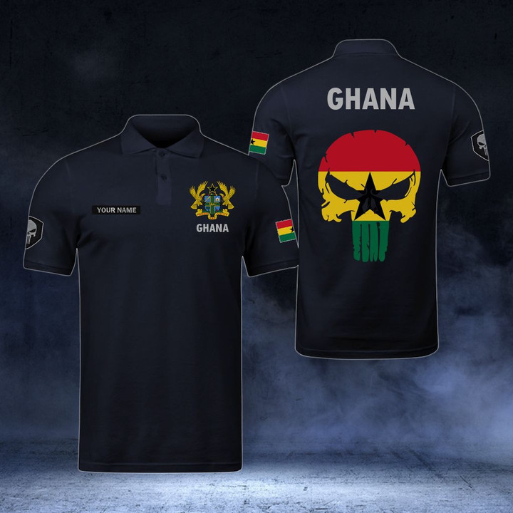 AIO Pride - Customize Ghana Coat Of Arms - Flag Skull Polo Shirt