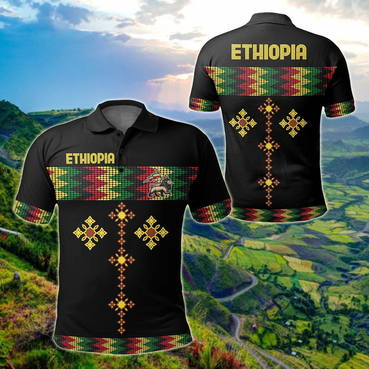 AIO Pride - Ethiopia Rasta Round Pattern Black Unisex Adult Polo Shirt