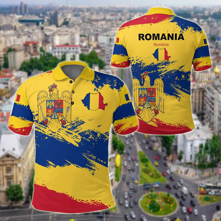 AIO Pride - Romania Flag Brush Unisex Adult Polo Shirt