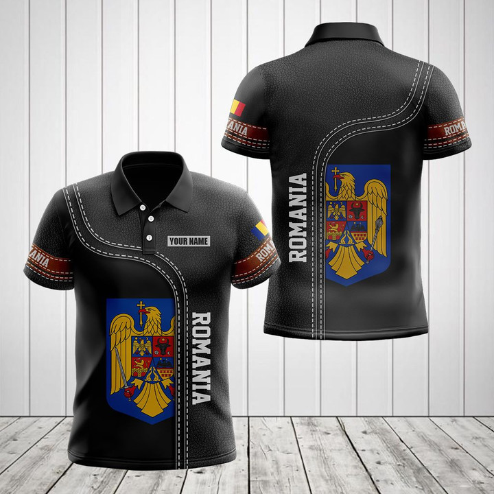 AIO Pride - Custom Name Romania Coat Of Arms Leather 3D Unisex Adult Polo Shirt