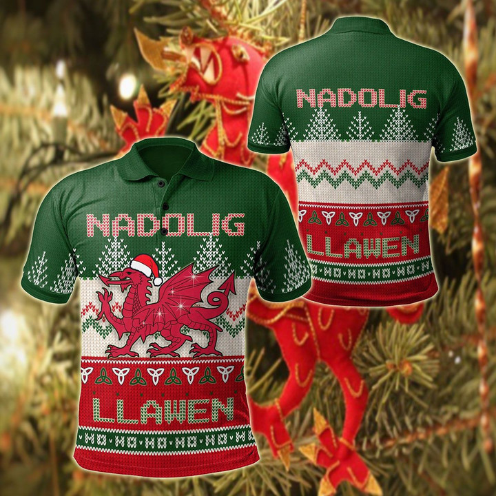 AIO Pride - Wales Celtic Christmas - Welsh Dragon Nadolig Llawen Ugly Christmas Style Green Unisex Adult Polo Shirt