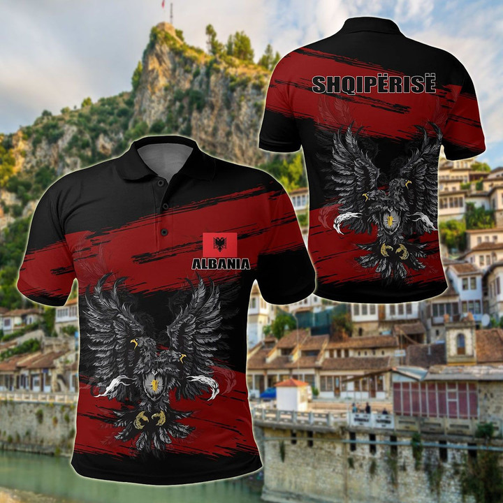 AIO Pride - Albania Doulble Headed Eagle Grunge Unisex Adult Polo Shirt