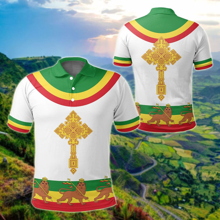 AIO Pride - Ethiopia Cross Flag Lion White Unisex Adult Polo Shirt